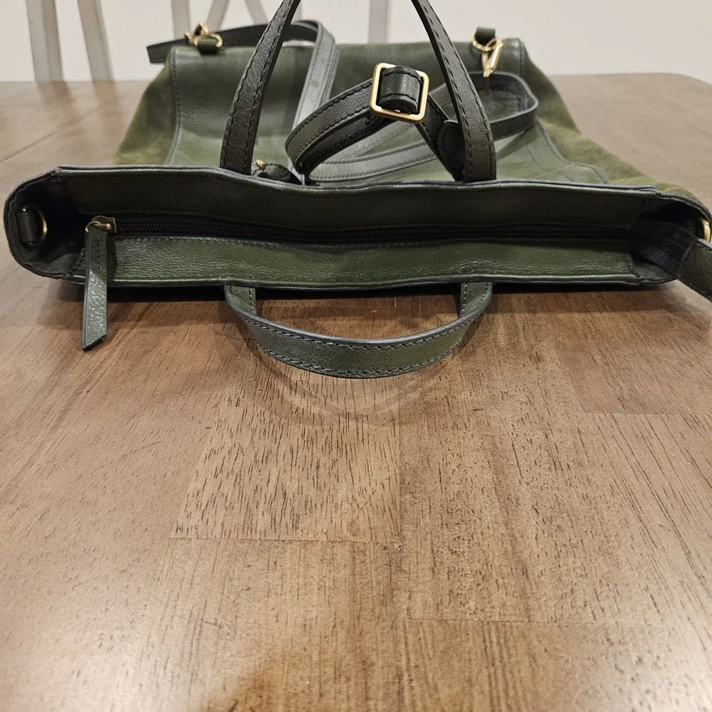 Fossil Leather Convertible Backpack Purse Tote Olive Green Suede Sides